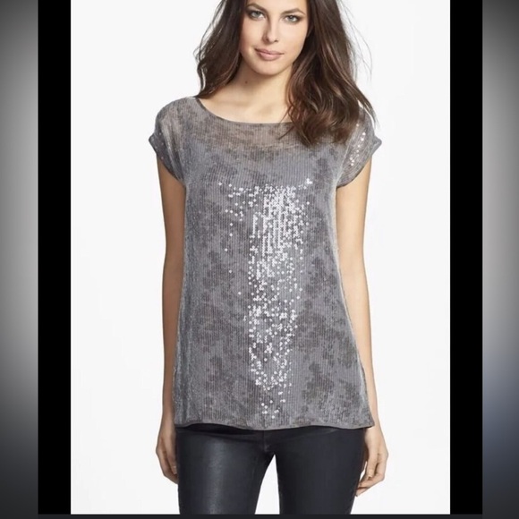 $278 EILEEN FISHER RYE CLEAR SEQUIN SHIMMER BATEAU NECK SHORT SLEEVE TOP M